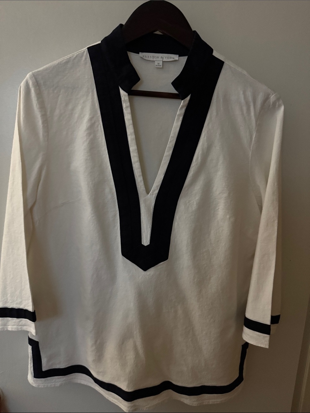 Preston & York White Tunic with Black V-Placket Trim
